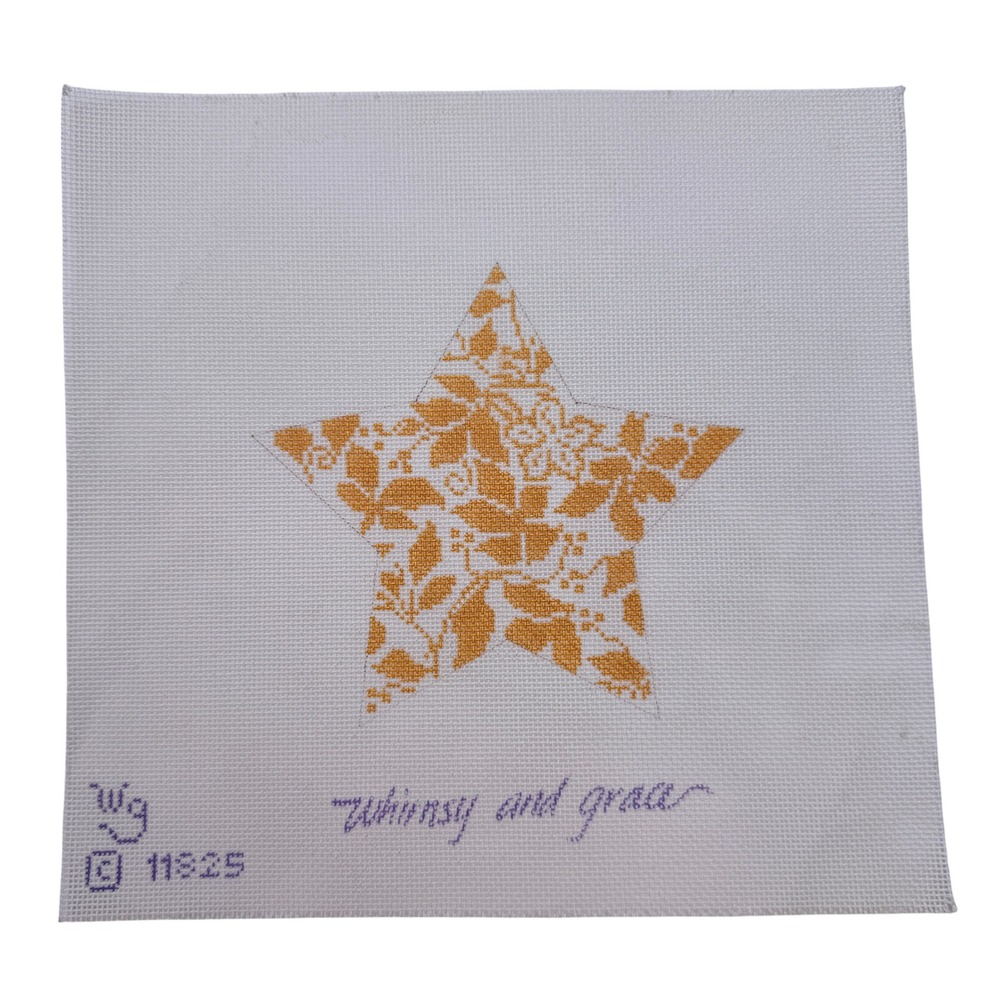 Vintage Christmas Gold Floral Star Hand Painted Needlepoint Canvas